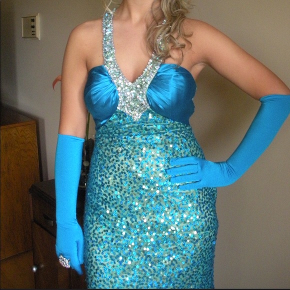 Turquoise sequin prom mermaid dress - Picture 3 of 4